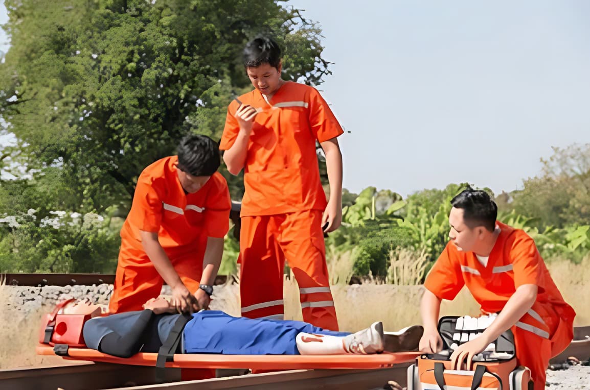 ทีมกู้ภัยทำ CPR บนเปลหาม