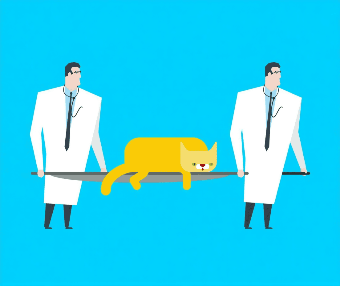 Two veterinarians carrying an injured cat on a stretcher