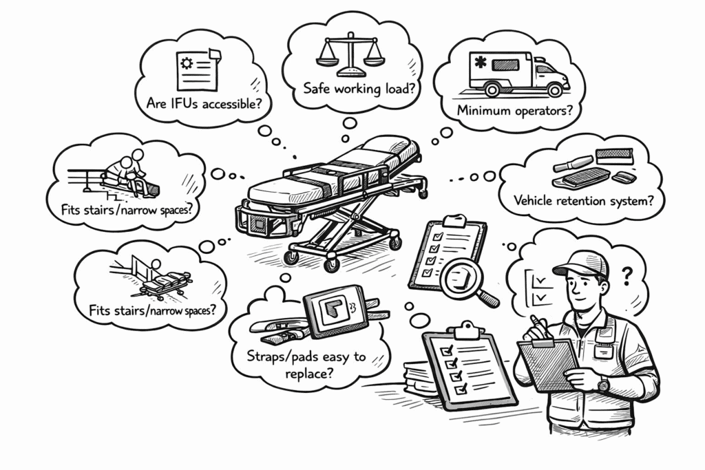 Line drawing of a rescue stretcher procurement checklist for training and emergency response teams.
