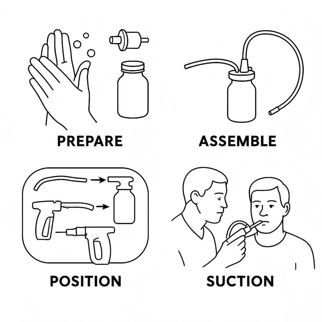 Manual suction procedure steps: prepare, assemble, position, and suction.