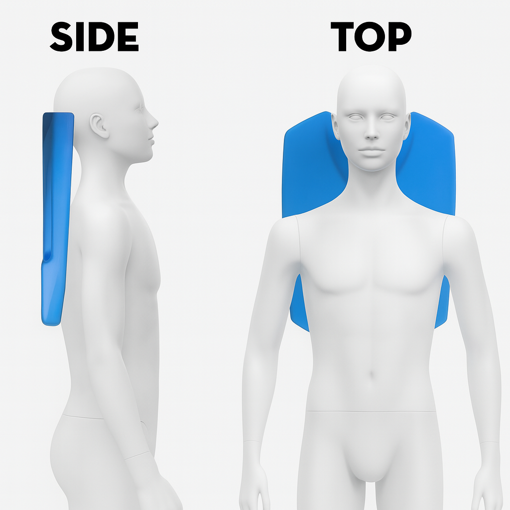 Side and top views of mannequin on blue CPR board demonstrating back support and head positioning for quality chest compressions – JIEKANG
