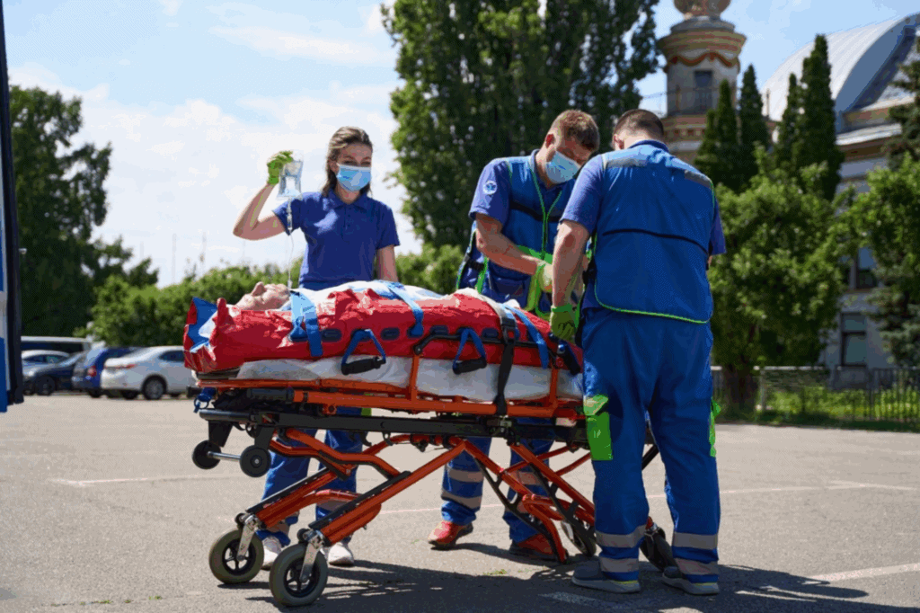 EMS team transporting patient on ambulance stretcher