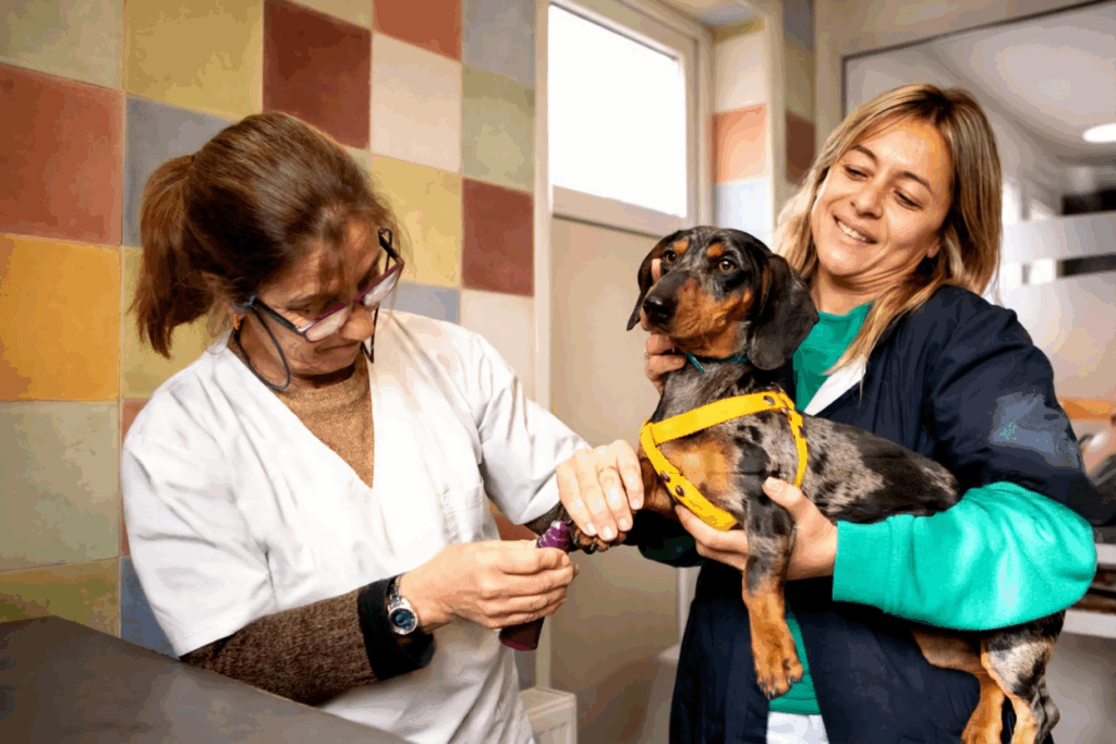 Veterinarian examining a small dog while the owner holds it gently.