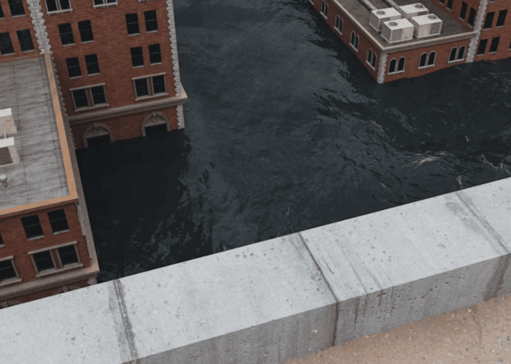 Flooded Urban Streets Between Brick Buildings