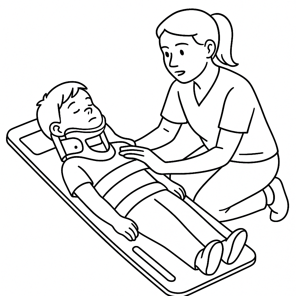 Ilustración de un niño que lleva un collarín cervical pediátrico acostado sobre una camilla mientras un profesional de la salud le brinda atención.