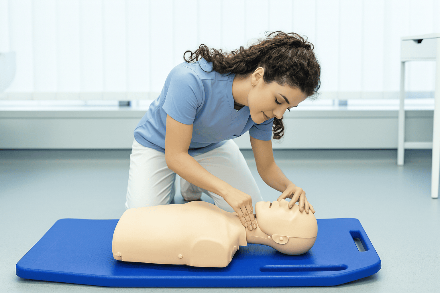 woman practicing cpr technique on dummy during first aid training