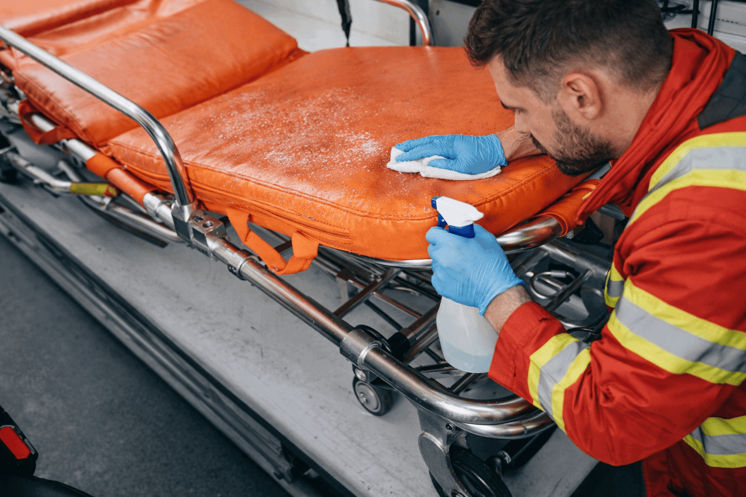 Paramedic cleaning ambulance stretcher mattress