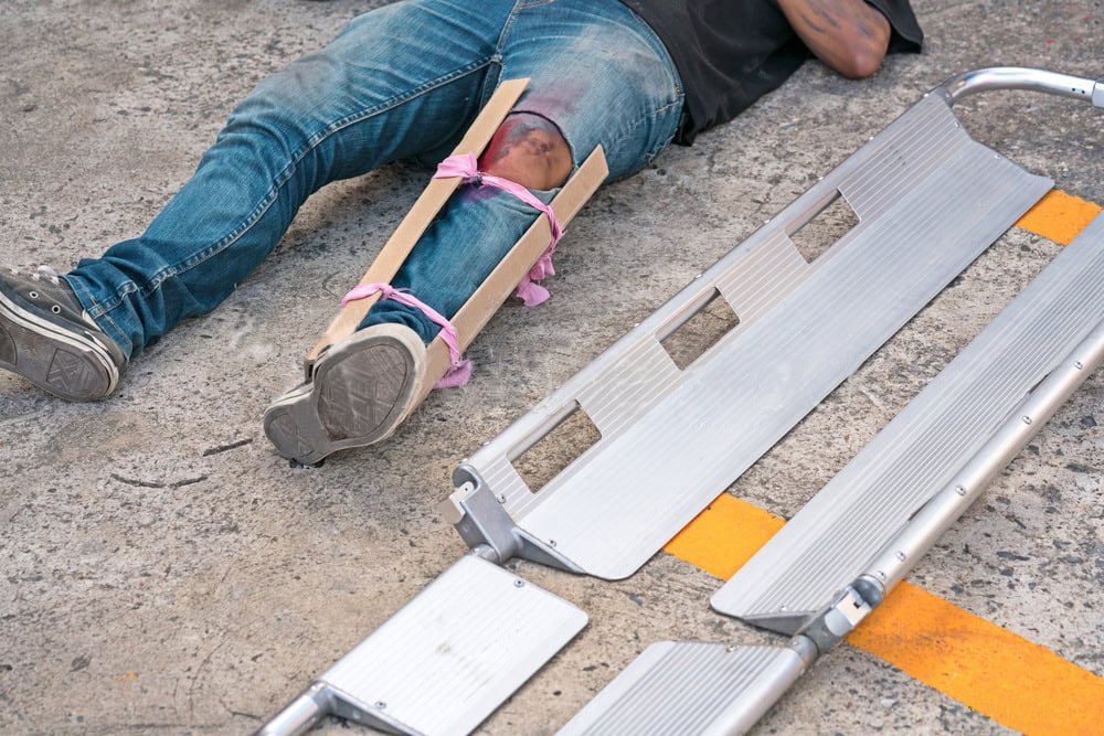 Injured leg immobilized with splint beside scoop stretcher