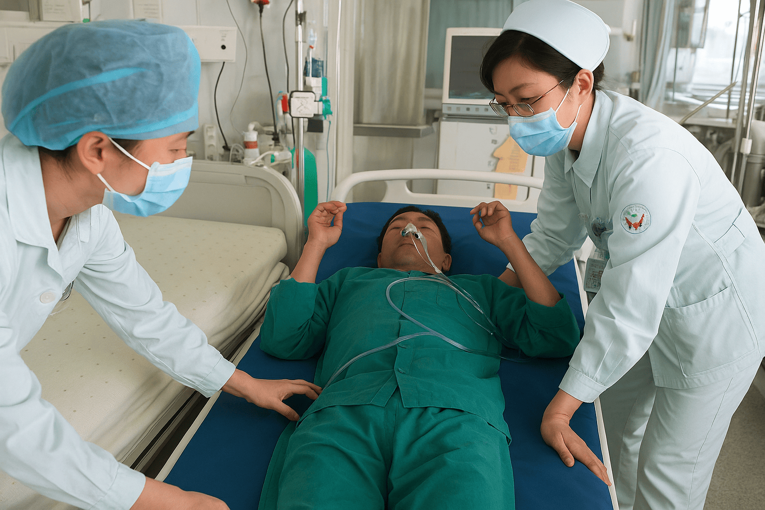 Nurses using emergency stretcher to transfer patient