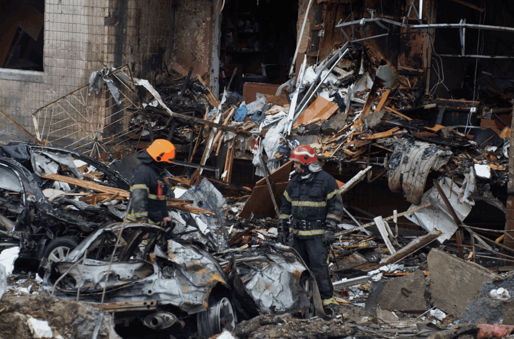 Firefighters Searching Through Urban Disaster Rubble