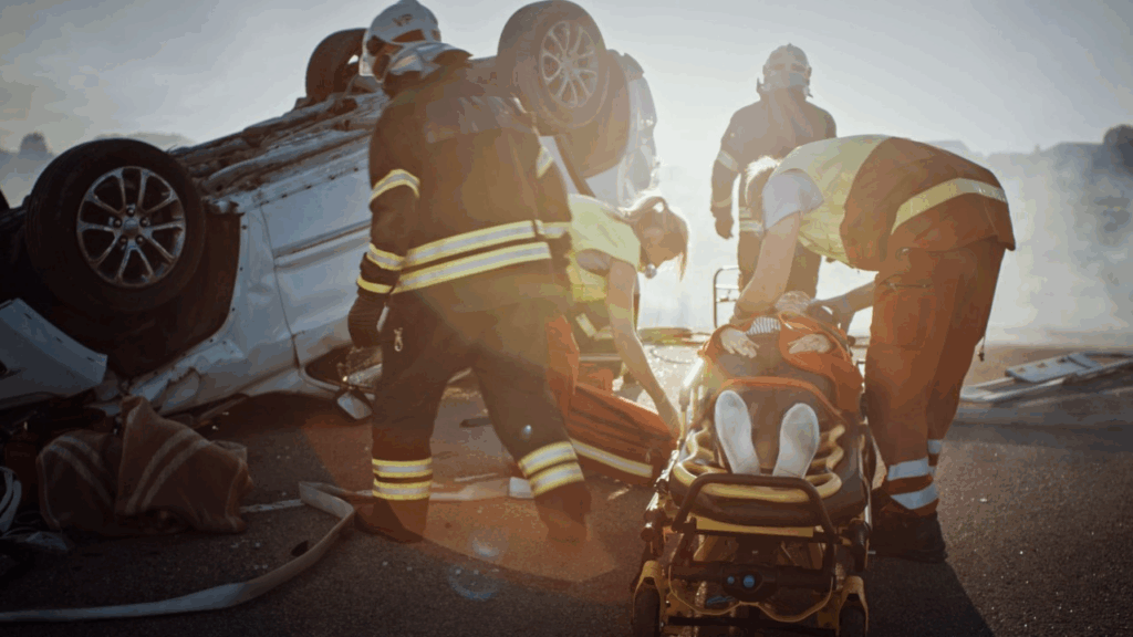 Emergency responders loading injured patient onto ambulance stretcher