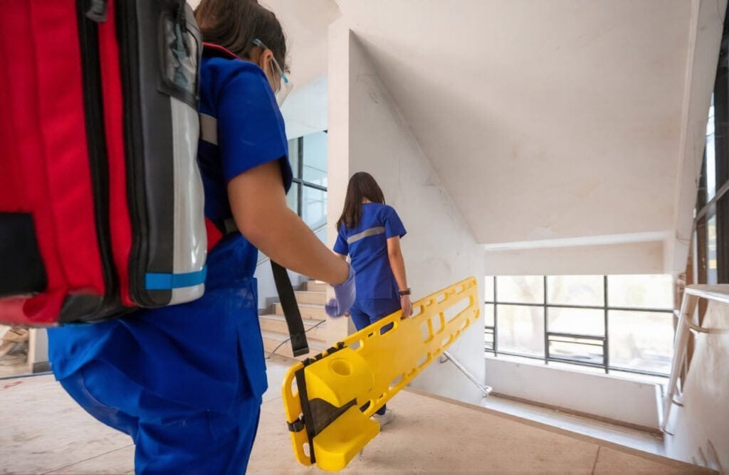 EMS carrying spine board upstairs