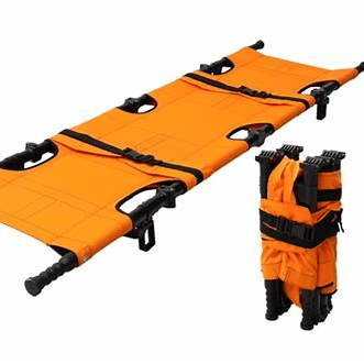 Foldable orange stretcher with handles and straps
