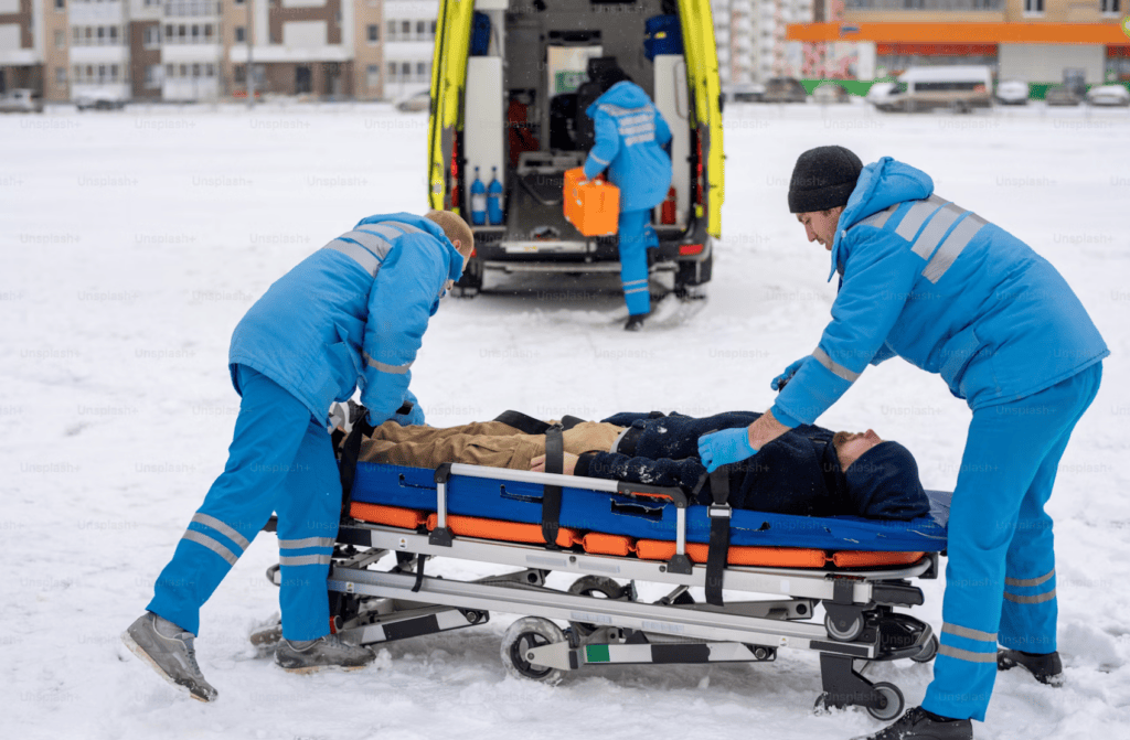 Paramedics pushing stretcher in snowy conditions