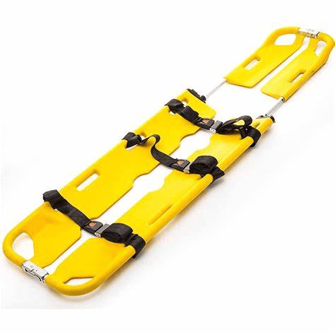 Yellow scoop stretcher with safety straps