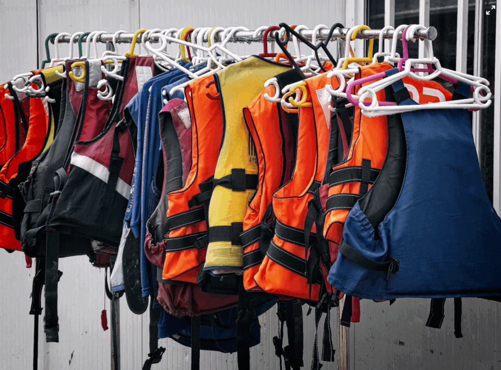 Colorful life jackets hang neatly on a rack, ready for use in water safety and recreational activities.