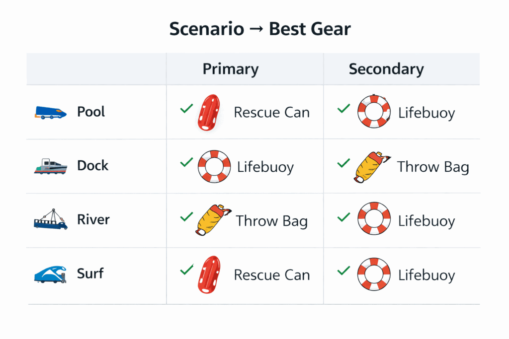 Матрица «Сценарий → лучшее снаряжение» (Бассейн / Причал / Река / Серфинг)