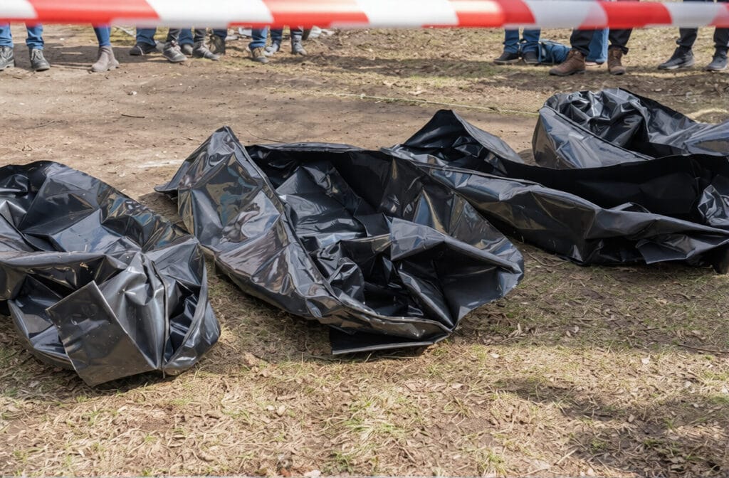 body bags on ground at scene