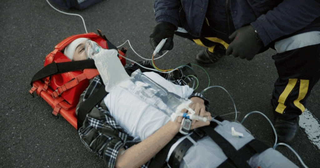 Patient immobilized with head support during emergency care