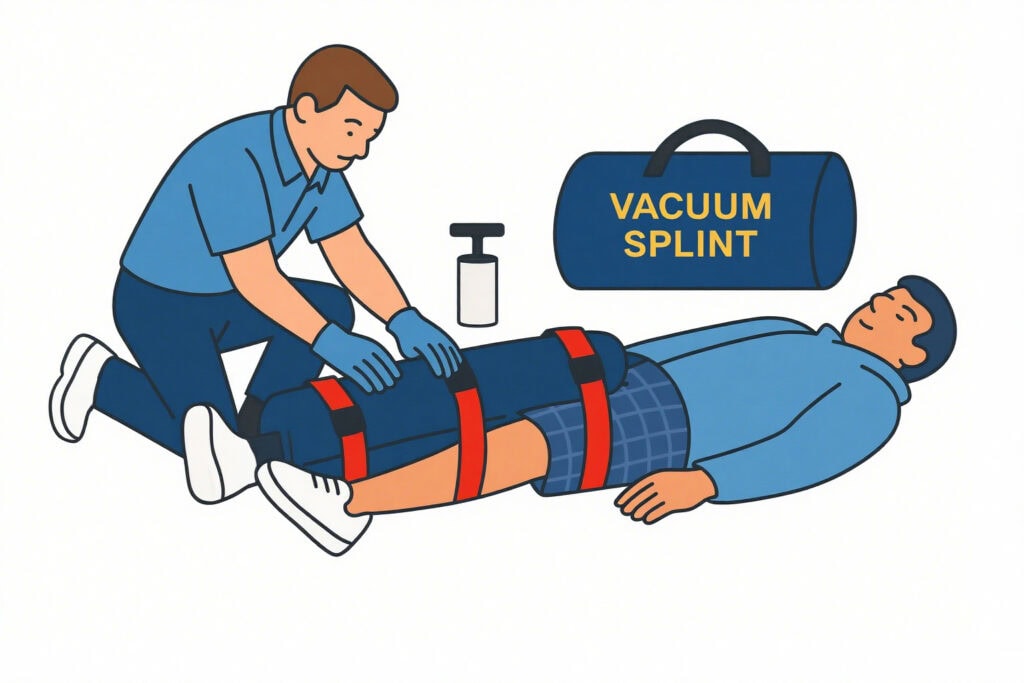 EMT applying vacuum leg splint on scene