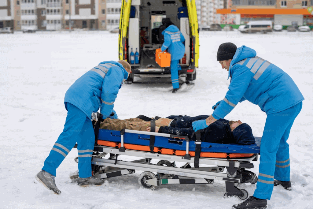 Paramedics moving a patient on an ambulance stretcher in snowy conditions.