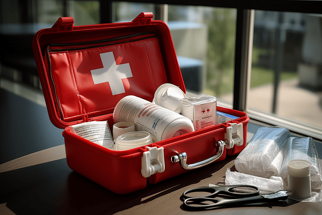 Open first aid kit with medical supplies