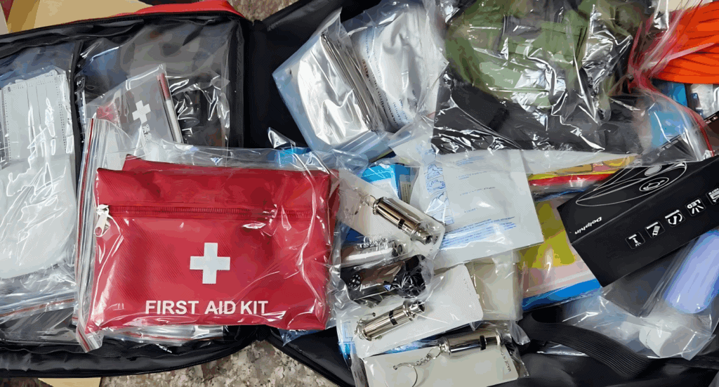 Open first aid kit with organized emergency medical supplies, including bandages, gloves, tools, and a red first aid pouch
