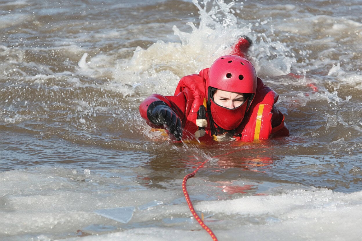 Rescue worker performing cold-water rescue