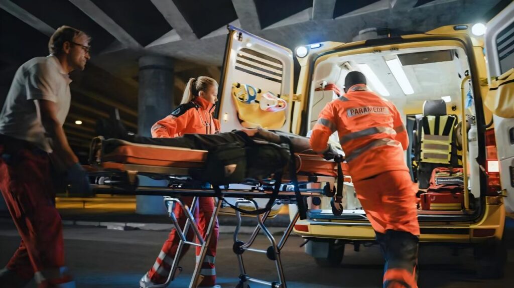 paramedics loading patient on ambulance stretcher