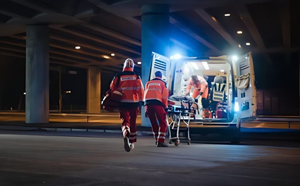Paramedics loading stretcher into ambulance at night