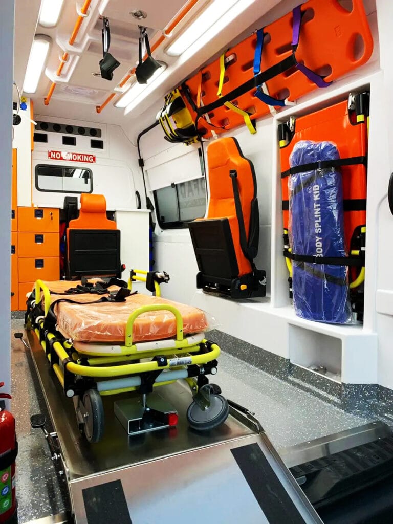 Stretcher stored inside ambulance